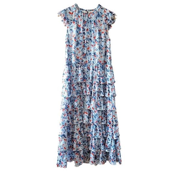 Aritzia Little Moon Rarity Blue Floral Feminine Ruffle Midi Casual Dress Sz XS. - Picture 2 of 16